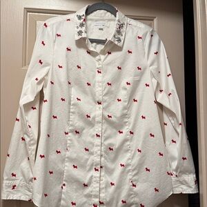 Charter Club Cream Blouse with Red Scotty Dogs and Rhinestone Collar –‎ Size 10